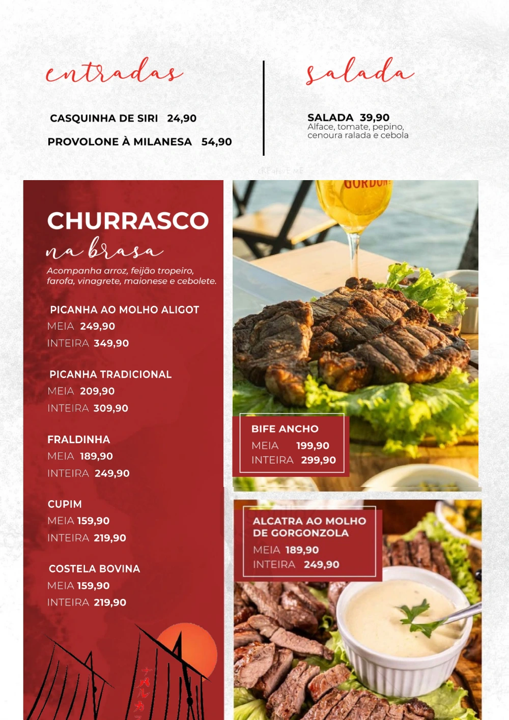 Página 1 do cardápio Grill: Entradas, salada e churrasco. Para consultar o texto do documento, abra o PDF original.