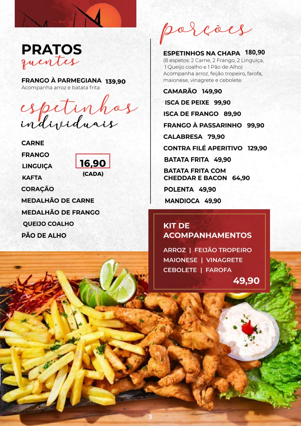 Página 2 do cardápio Grill: Pratos quentes, espetinhos e porções. Para consultar o texto do documento, abra o PDF original.