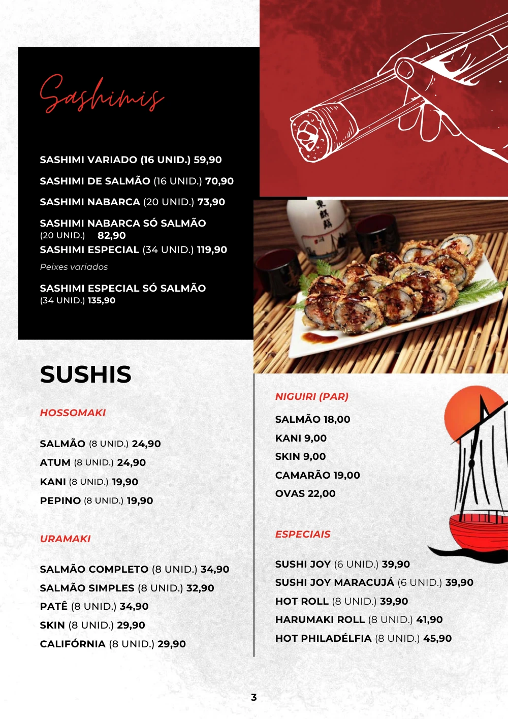 Página 2 do cardápio Sushi: Sashimis e sushis. Para consultar o texto do documento, abra o PDF original.