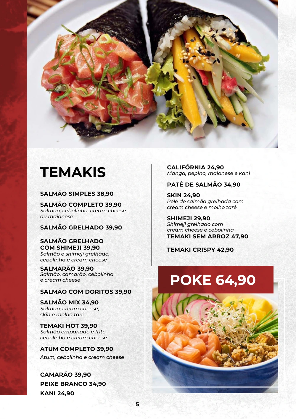 Página 4 do cardápio Sushi: Temakis e poke. Para consultar o texto do documento, abra o PDF original.